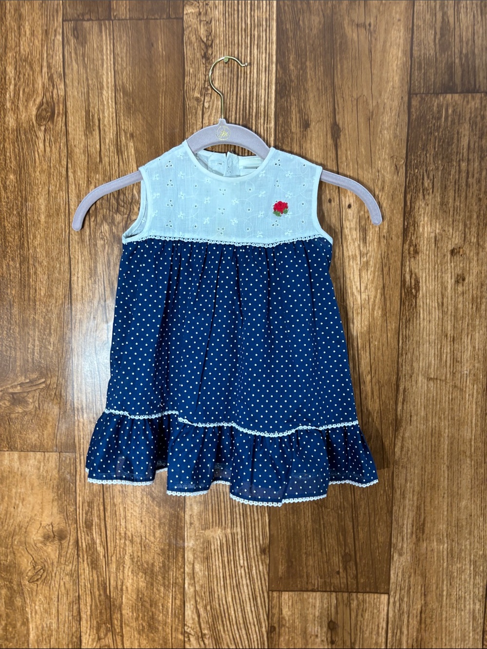 Nannette Navy Polka Dot Dress with White Eyelet Bodice